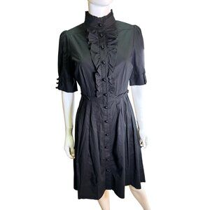 Shoshanna Black Ruffled Button-Down Midi Dress With High Neck Victorian Sz 8 EUC